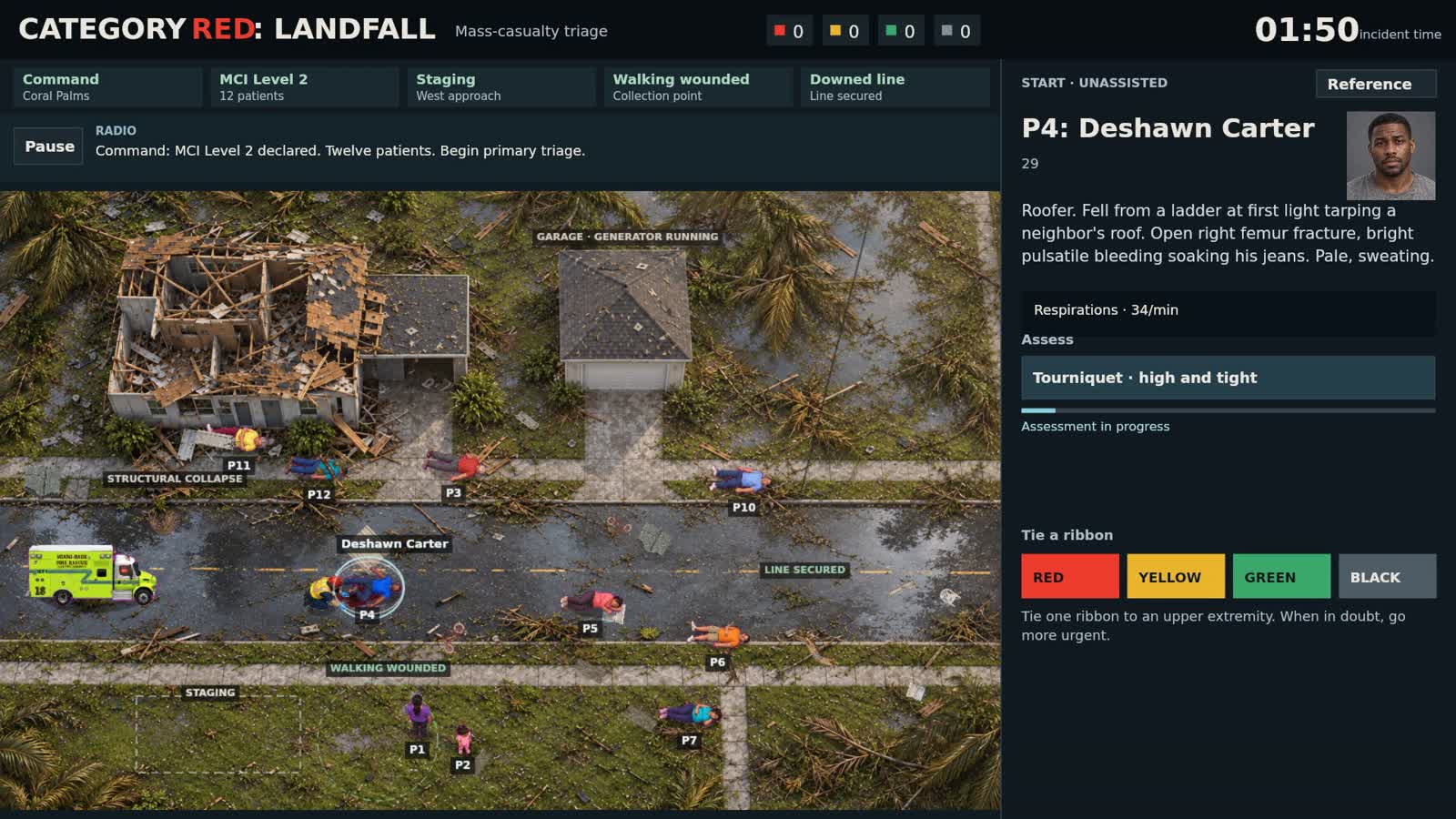 Category Red: Landfall trailer — the scene from above: collapse, garage, flooded street, downed power line